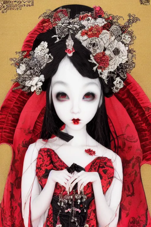 Prompt: avant - garde japanese bjd geisha vampire queen in victorian red dress in the style of dark - fantasy lolita fashion painted by yoshitaka amano, takato yamamoto, james jean, dmt art, symmetrical vogue face portrait, volumetrics, intricate detail, artstation, cgsociety, artgerm, gold skulls, rococo