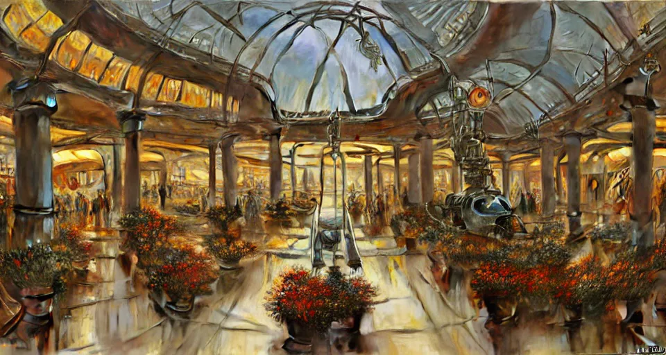 Prompt: a minimalist oil painting by donato giancola and james gurney vaulted ceilings, warm coloured, cinematic scifi luxurious futuristic foggy steam filled garden circular shopping mall interior with microscopy giant windows flowers growing out of pretty bulbous ceramic fountains, gigantic pillars and flowers, maschinen krieger, beeple, star trek, star wars