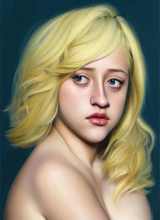 Image similar to full body portrait, teenage lili reinhart, blonde hair, obese, bangs, ponytail, sultry, realistic, sultry smirk, fluffy bangs, curly bangs, fat, belly, intricate, elegant, highly detailed, digital painting, artstation, concept art, smooth, sharp focus, illustration, art by wlop, mars ravelo and greg rutkowski