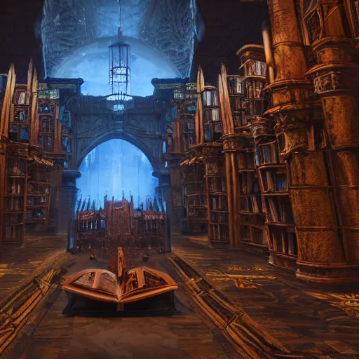 Prompt: interior of massive underground library in anime style, castlevania, fantasy architecture, triple height, ancient elven style, magical items on shelves, magical armor display cases, very bright candle and torch lit, cinematic, hyper detailed, octane render, 8k, trending in artstation