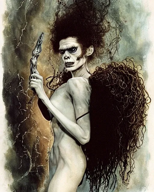 Image similar to a beautiful and eerie baroque painting of a gorgeous bride of frankenstein bleeding in dead space. she has wild, curly hair, freckles and violence in her eyes photographed in the 1 9 7 0 s, by alan lee