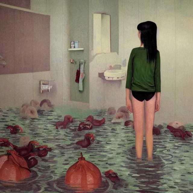 Image similar to tall female emo artist in her flooded bathroom, pigs, water gushing from ceiling, painting of flood waters inside an artist's bathroom, a river flooding indoors, pomegranates, pigs, ikebana, zen, water, octopus, river, rapids, waterfall, black swans, canoe, berries, acrylic on canvas, surrealist, by magritte and monet