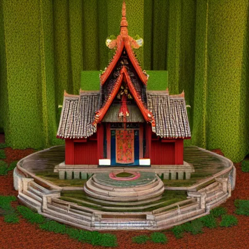 Prompt: an isometric 3 d render of a buddhist shrine in the forest, isometric, octane render, sunbeams