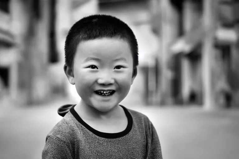 Image similar to still photo of a chinese child smiling at the camera on the street, black and white color aesthetic, highly detailed, photorealistic portrait, bright studio setting, studio lighting, crisp quality and light reflections, unreal engine 5 quality render