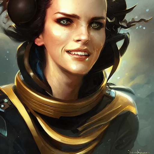 Prompt: Portrait of a stylish female pirate space captain, dark hair, golden eyes, delicate features, teasing smile, artstation, graphic novel, art by stanley artgerm and greg rutkowski and peter mohrbacher,