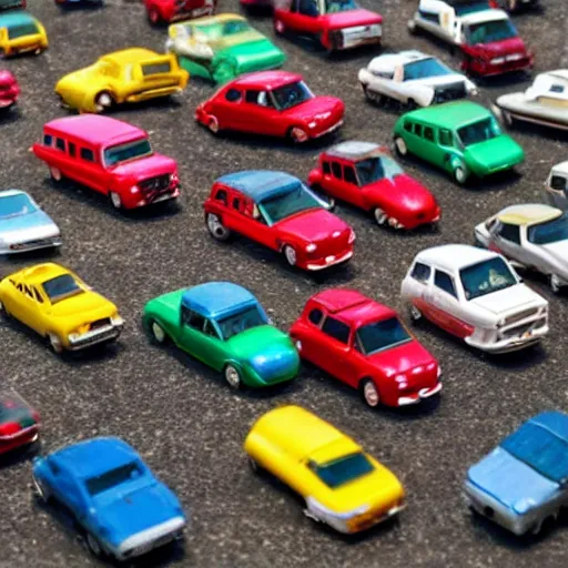 Image similar to a badly lit photo taken by an old phone of a box full of toy cars.