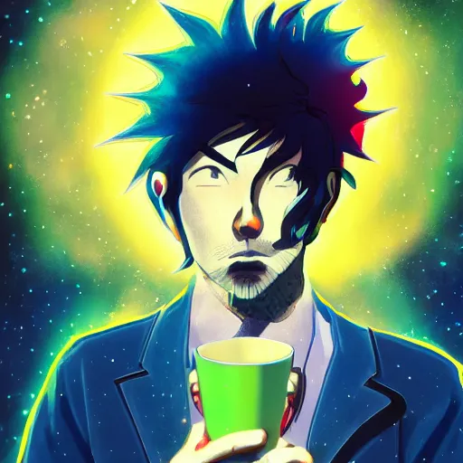 Prompt: A man drinking a cup of cosmic energy bright light by Masafumi Harada, 4k, digital art, surreal, anime style, space dandy style, highly detailed, godsend, artstation, digital painting, concept art, smooth, sharp focus, illustration