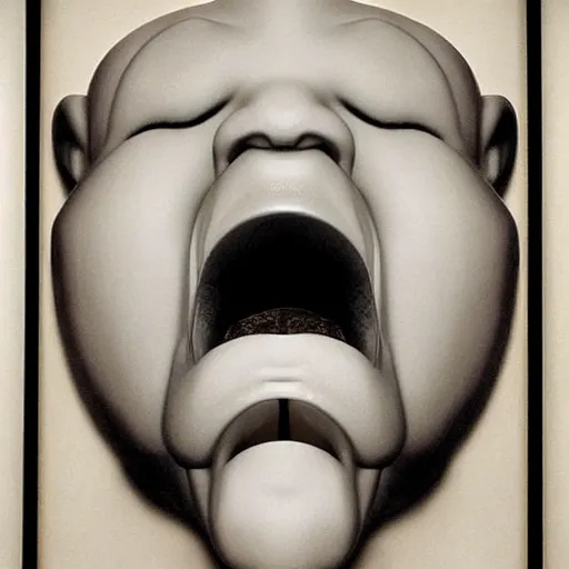 Image similar to a beautiful digital art of a giant head. the head is bald and has a big nose. the eyes are wide open and have a crazy look. the mouth is open and has sharp teeth. the neck is long and thin. hygge by richard hamilton ornamented