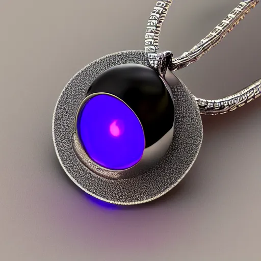 Image similar to 3 d silver beserk behelit pendant with glowing eyes, futuristic jewelry on wheat chain necklace, high definition, octane render, studio lighting