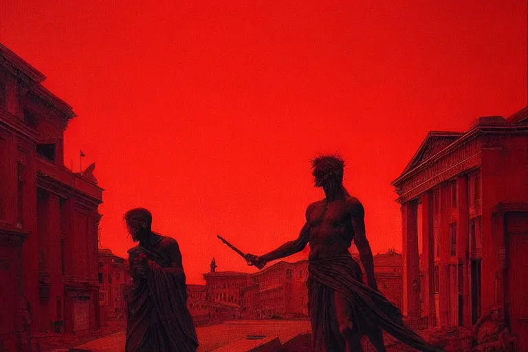 Image similar to only with red, caesar after war, a red tiger, in hoc signo vinces, rome in background, an ancient path, in the style of beksinski, part by hopper, part by rodcenko, part by hofbauer, intricate composition, red by caravaggio, insanely quality, highly detailed, masterpiece, red light, artstation