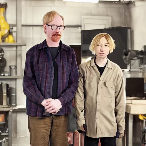 Prompt: photorealistic Adam Savage and Jamie Hyneman in Synopsis preceding scene cut released from episode 10 good morning of the TV anime Chihiro days broadcast on Tuesday March 9