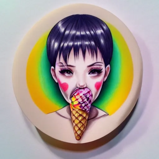 Prompt: head has the form of an ice cream ball. it is on top of an ice cream cone. colorful ink, by artgerm