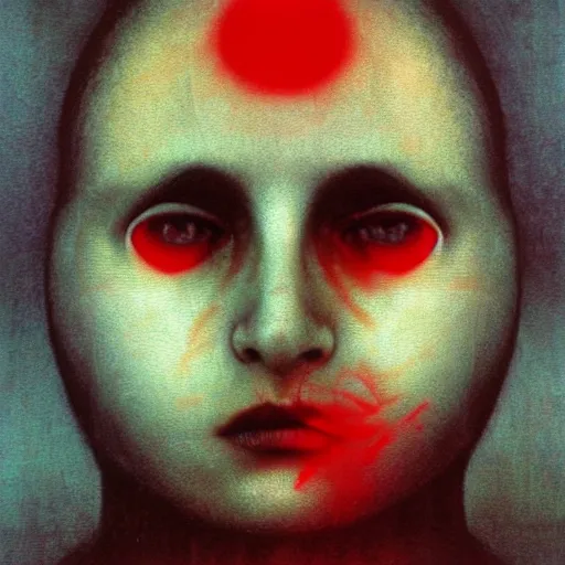 Image similar to portrait photo of a woman by Zdzislaw Beksinski, black eyes, red lines are wrapped around her