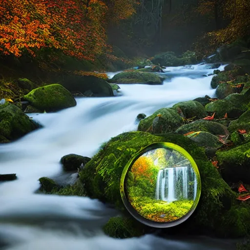 Prompt: beautiful mountain view next to a stream flowing, beautiful autumn morning, sunshine rays coming through the misty forest, ominous evil necromancer floating above the river staring at you. Magic realism hyperrealism photo-realistic lifelike maximalist psychedelic photography by Greg Rutowski and Keith Thompson 8k