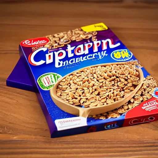 Image similar to cereal box for captain cricket breakfast cereal, product photography, 8 k