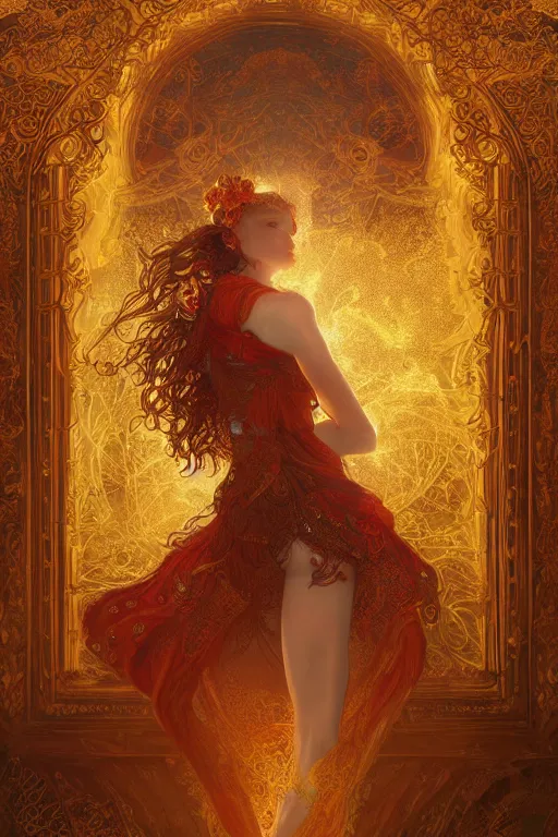 Image similar to tarot card artstation, portrait of a gorgeous love dancer, sunrise, baroque ornament and rococo ornament, ancient chinese ornate, hyperdetailed, beautiful lighting, craig mullins, mucha, klimt, yoshitaka amano, red and gold and orange color palette