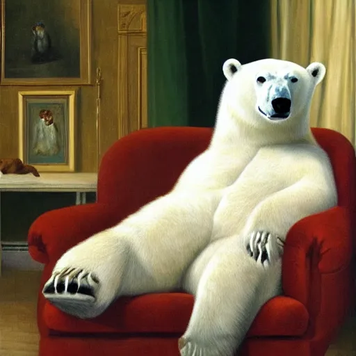 Image similar to polar bear sitting on a couch in the living room by george stubbs, artstation, oil on canvas