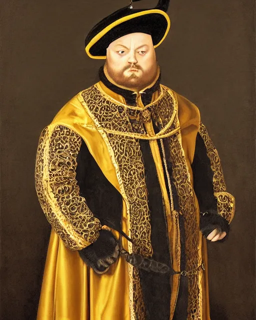 Image similar to fat dark gray cat with yellow eyes dressed like henry viii, tudor period robes in scarlet gold black, tudor bonnet, luxurious, opulent, regal, royal portrait, hans holbein the younger, greg rutkowski