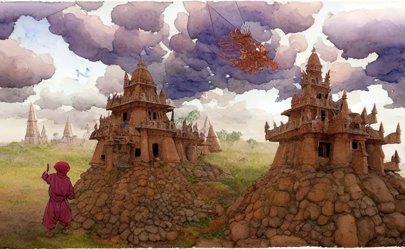 Prompt: a hyperrealist watercolor concept art of an indian vimana in the sky above a small medieval town during a thunderstorm. a dirty medieval peasant child is in the foreground pointg up at the sky. very muted colors, by rebecca guay, michael kaluta, charles vess. high detail, hq, wide shot, 4 k