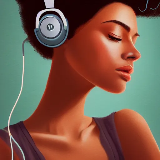 Image similar to an illustration of a beautiful woman listening to music with headphones by Quentin de Warren, highly detailed, digital art, trending on artstation