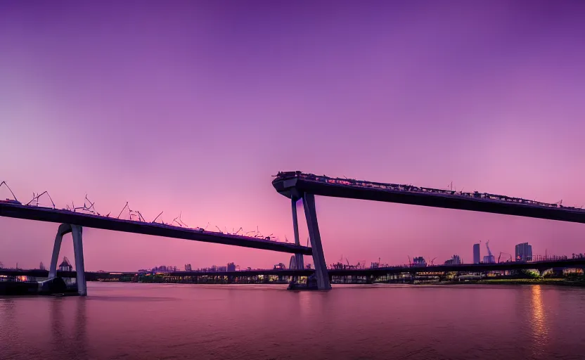 Prompt: a photo of wuhan yangtze river bridge, sunset, purple sky, cinematic, 8 k, highly - detailed