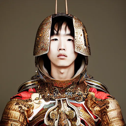 Image similar to a portrait of a beautiful young korean male wearing an alexander mcqueen armor , photographed by andrew thomas huang, artistic