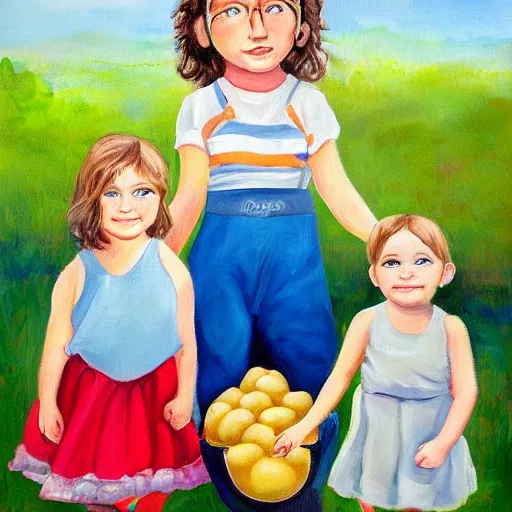 Prompt: a beautiful painting portrait of Miss Steak and her potato toddlers