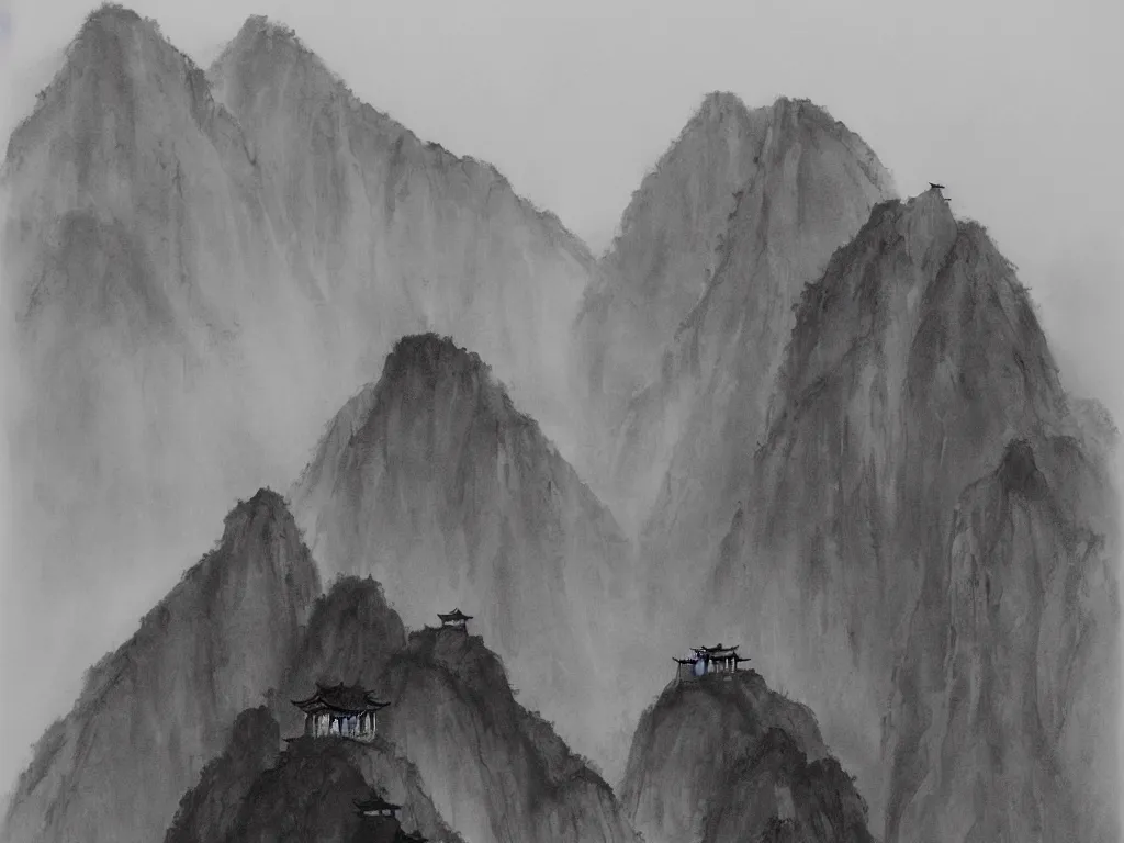 Image similar to a beautiful black watercolor painting of the mountainous landscape of huangshan with a buddisht temple on the hilltop on a rainy day, with monks walking up staircases.