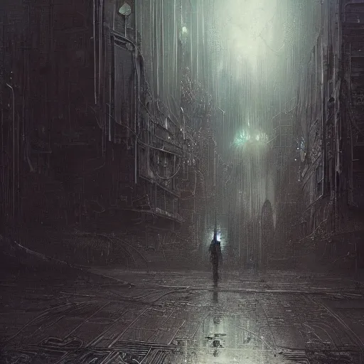 Image similar to lost and alone in a cyberpunk noir city by gustave dore and gustave moreau and beksinski and giger and craig mullins and jeremy mann