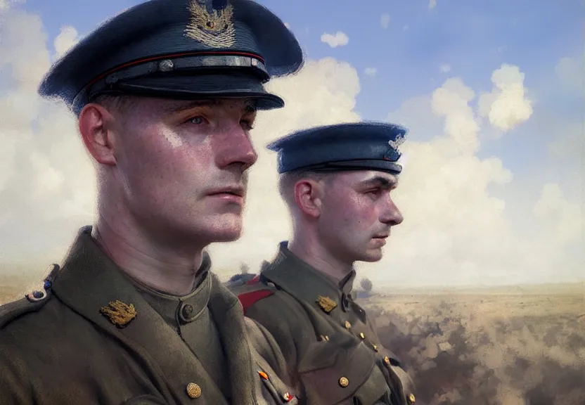 Prompt: portrait of a british army officer, first world war, blue sky, 2 0 th century, sunny, detailed, volumetric, cinematic lighting, realistic, digital art by greg rutkowski