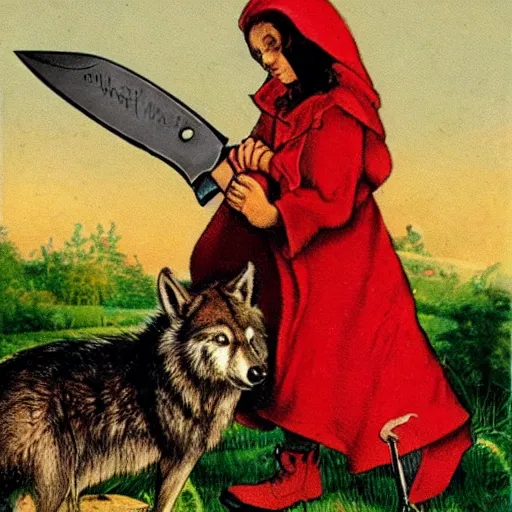 Image similar to little red riding hood smiling as she stands over a dead wolf with a bloody knife, vintage Halloween postcard