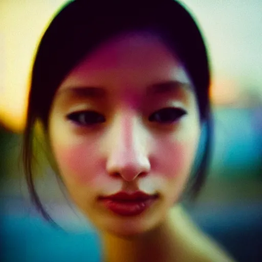 Image similar to Close-up of a gorgeous woman’s face looking at the camera, confident, holding a mirror creating refractions of colors everywhere, captured in low light and soft focus, cinestill 800t