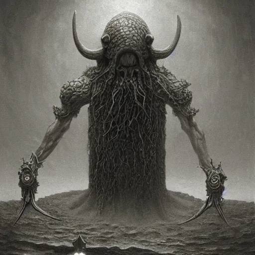 Prompt: squidward as a dark souls boss by zdzisław beksiński