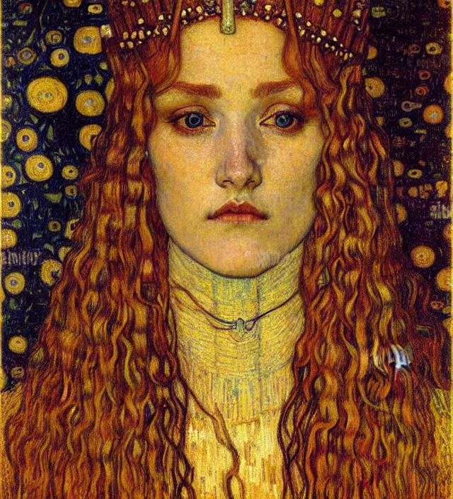 Image similar to detailed realistic beautiful young medieval queen face portrait by jean delville, gustav klimt and vincent van gogh, art nouveau, symbolist, visionary, gothic, pre - raphaelite, muted earthy colors, desaturated