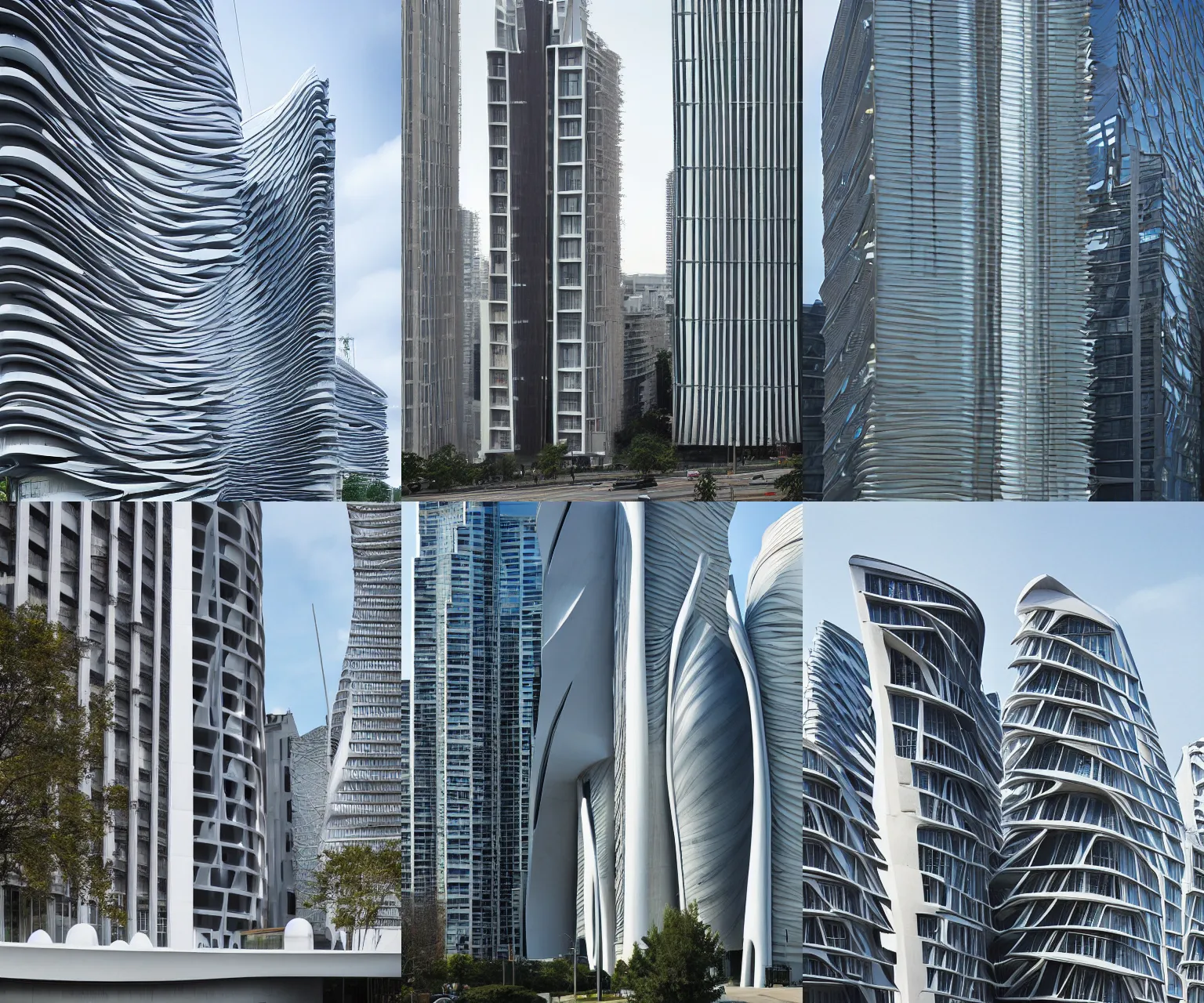 Prompt: exterior photograph of buildings, architecture by Zaha Hadid