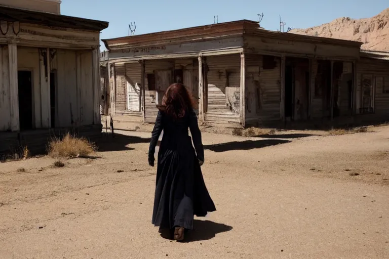 Image similar to dolores, west world, walking through an abandoned western town