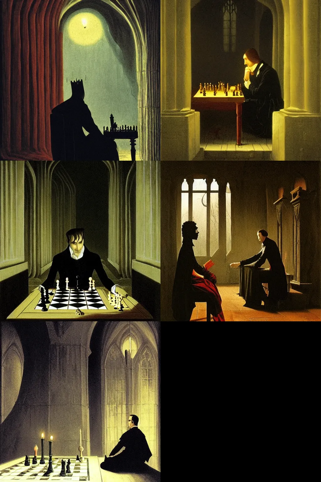Prompt: count Dracula plays chess alone, melancolicly in a dark, gothic castle at candle light, painting by Caspar David Friedrich