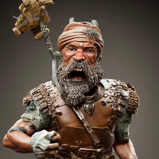 Image similar to high - res photograph of a claymation sculpture warrior dwarf, highly detailed sculpey diorama, by erwin olaf, smooth, sharp foccus, commercial photography, fashion shoot