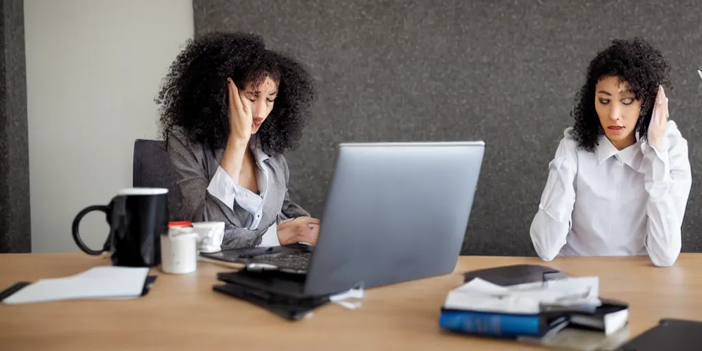 Image similar to a stressed ostrich doing taxes in front of a laptop, trending photo