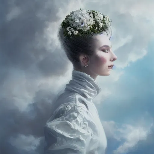 Image similar to painting of a a queen with a white large magnificent more and more vaporous ,wrapped ,hight decorated, detailed ,white and cream roses cotton dress shooting surrounded by a bouquet of abstract white flowers and clouds, dramatic light, artstation octane,surrealism 8k