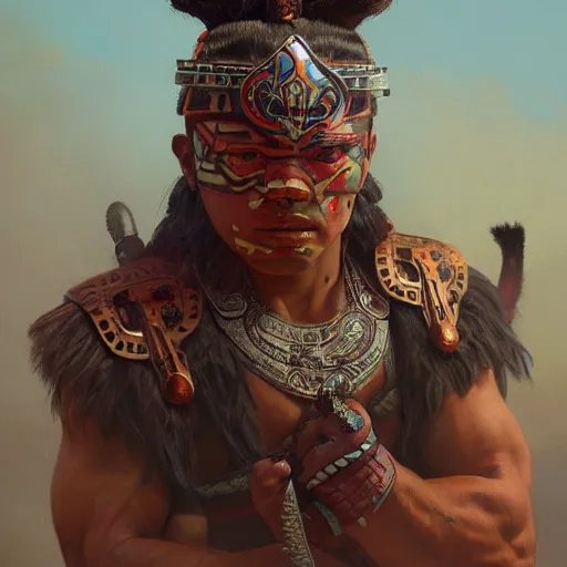 Image similar to an aztec warrior, athletic, face paint, muscular, intricate, highly detailed, digital painting, artstation, concept art, sharp focus, illustration, art by greg rutkowski and alphonse mucha