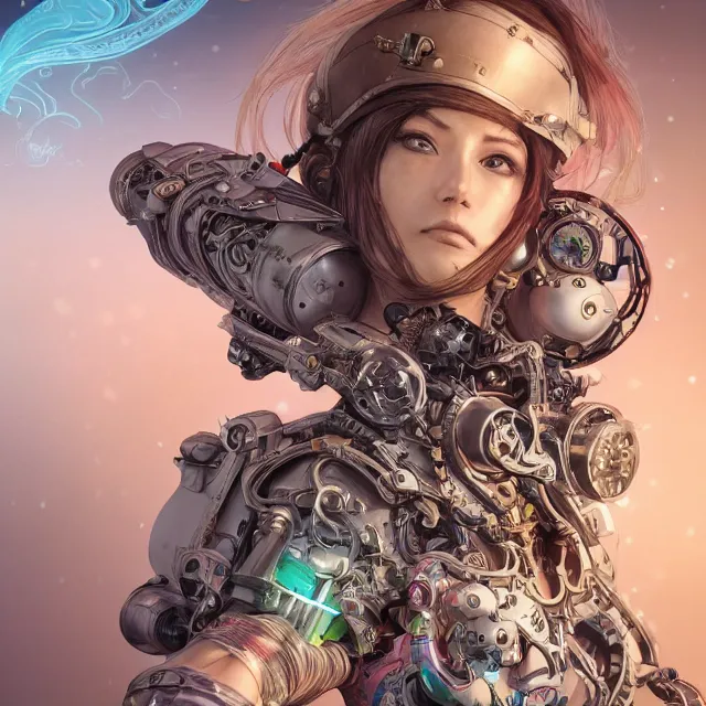 Prompt: the portrait of true neutral semi - colorful female cyborg mechanist as absurdly beautiful, gorgeous, elegant, young woman looking up, an ultrafine hyperdetailed illustration by kim jung gi, irakli nadar, intricate linework, bright colors, octopath traveler, final fantasy, unreal engine 5 highly rendered, global illumination, radiant light, detailed and intricate environment