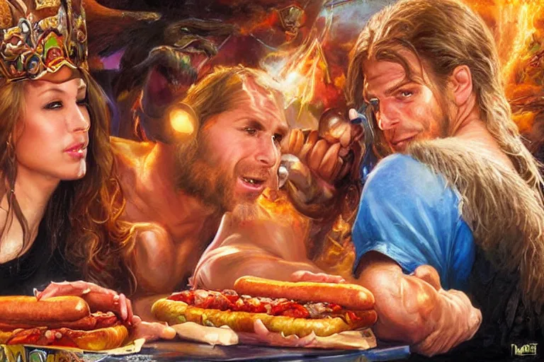 Image similar to portrait of wwf shawn michaels and queen elizabth ii sharing hotdogs, an oil painting by ross tran and thomas kincade