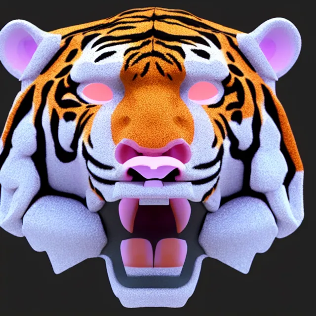 Prompt: 4 k 3 d render of a gigantic tiger head made of crystaline rose quartz, symetrical features.