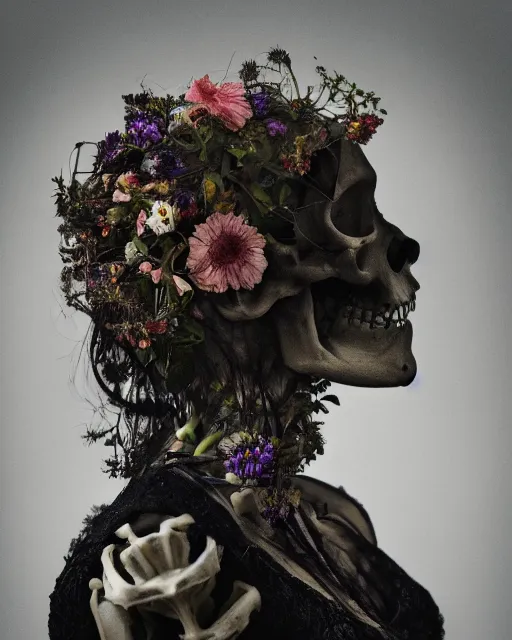 Image similar to a woman's face in profile, made of wildflowers skeleton, in the style of the dutch masters and gregory crewdson, dark and moody