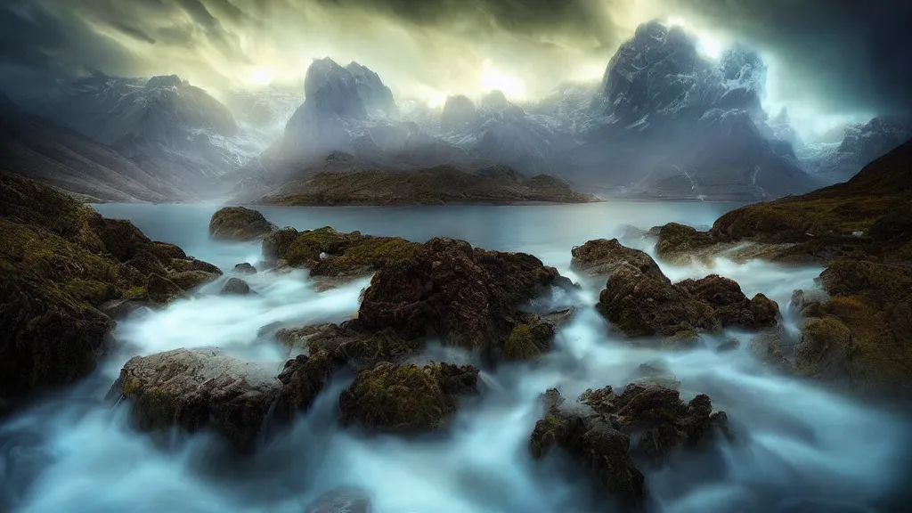 Image similar to amazing landscape photo by marc adamus, beautiful dramatic lighting