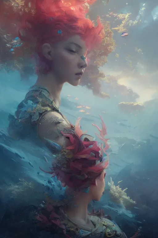 Prompt: a beautiful girl surounded by coral reef and fractal, 3 d render, hyper realistic detailed, ruan jia, wlop. scifi, fantasy, hyper detailed, octane render, concept art, by peter mohrbacher, by wlop, by ruan jia