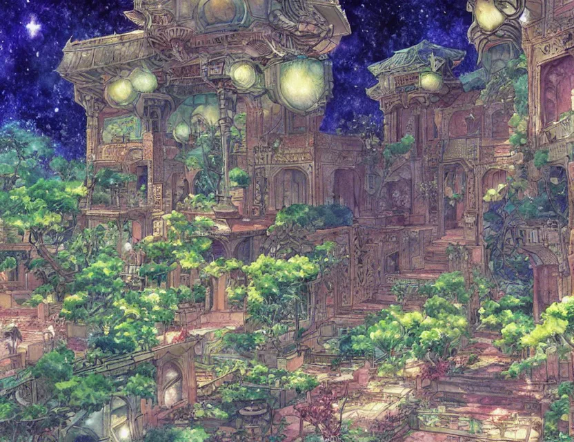 Prompt: persian garden in a galactic fortress. this watercolor painting by the award - winning mangaka has dramatic lighting, an interesting color scheme and intricate details.