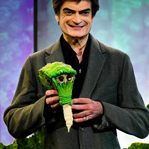 Image similar to dr mehmet oz as frankenstein, farming vegetables