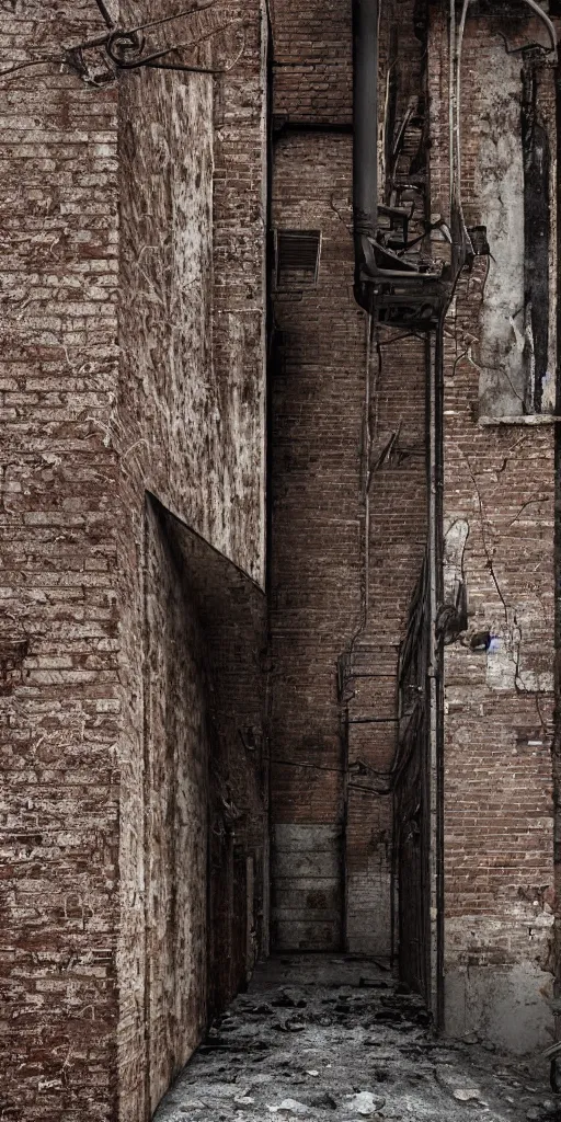 Image similar to texture of a grunge dirty alley, bullet holes, wall brick concrete plaster eroded worn, bullet holes, dark alley, hyper-realistic, ultra-realistic, intricate details, 4k, octane render, unreal 5, digital art